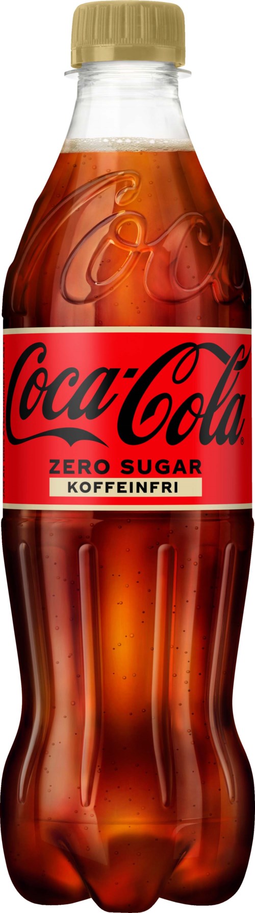 A Coca-Cola bottle with a yellow cap, labeled 'Zero Sugar Koffeinfrei'.