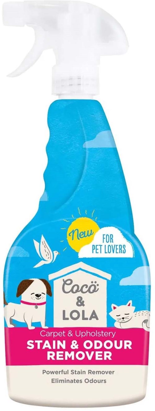 A blue spray bottle with a white nozzle, labeled as stain and odor remover for pets, featuring a dog and cat illustration.