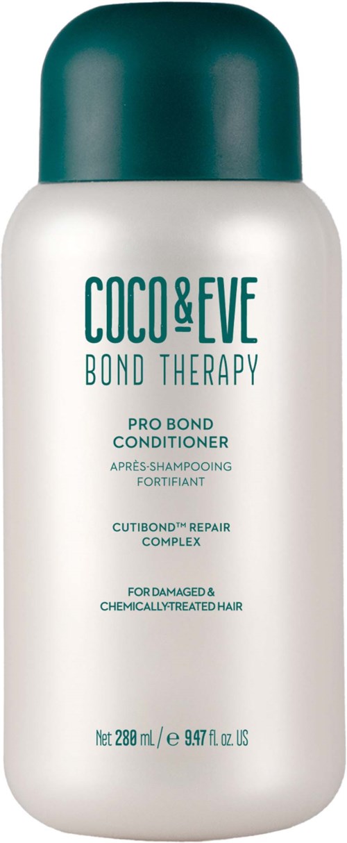Eine weiße Flasche mit einem türkisfarbenen Deckel, gekennzeichnet Coco & Eve Bond Therapy Pro Bond Conditioner für beschädigte Haare.