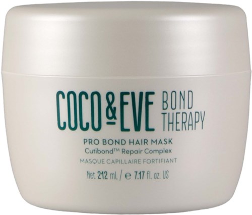Ein weißer Behälter mit grüner und grauer Schrift, beschriftet Coco & Eve Bond Therapy Hair Mask, 212 ml, für Haarreparatur.