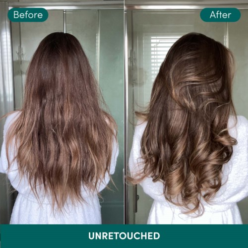 Das Haar sieht im Nachher-Bild glänzender und gestylter aus im Vergleich zum unordentlichen und ungepflegten Vorher-Bild.