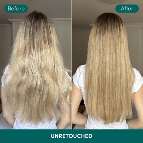Vorher- und Nachbild eines Haarwandels mit längeren, glatteren und glänzenderen Haaren nach Behandlung.