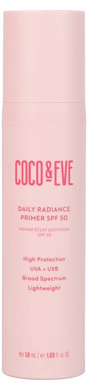 Hellrosa Flasche von COCO & EVE Daily Radiance Primer mit SPF 50, hoher Schutz, leicht, Breitband, UVA und UVB.