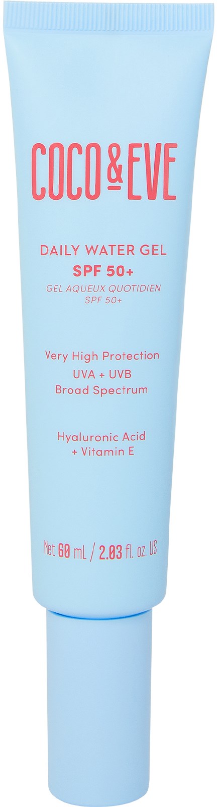 Vaaleansininen puteli päivittäiselle vesigeelinsuojakreemille, SPF 50+, sisältää hyaluronihappoa ja E-vitamiinia.