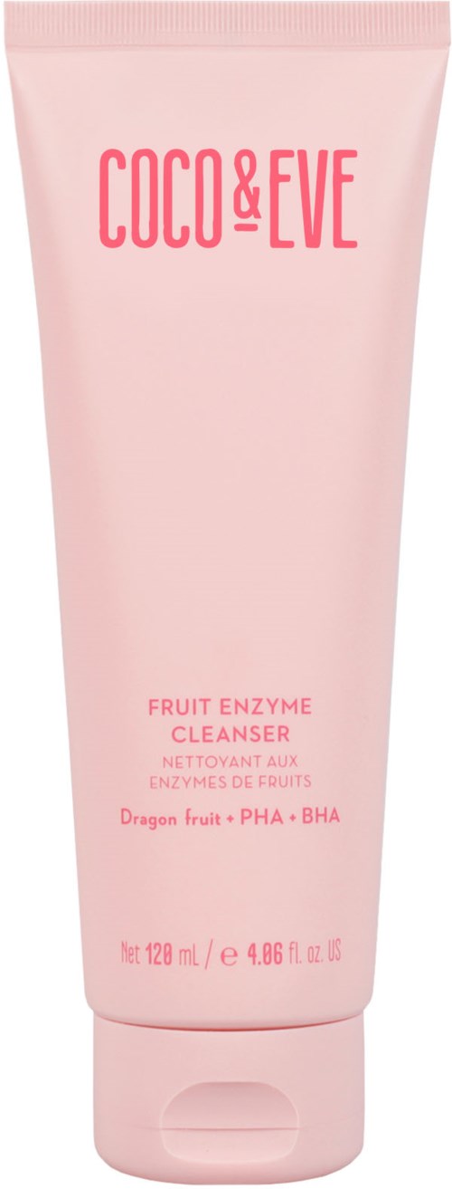 Vaaleanpunainen puteli hedelmäentsyymipuhdistusaineelle, merkki COCO & EVE, sisältää dragon fruit, PHA ja BHA ainesosia.