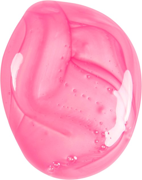 En pink marmoreret sten med svingende mønstre og små bobler indeni.