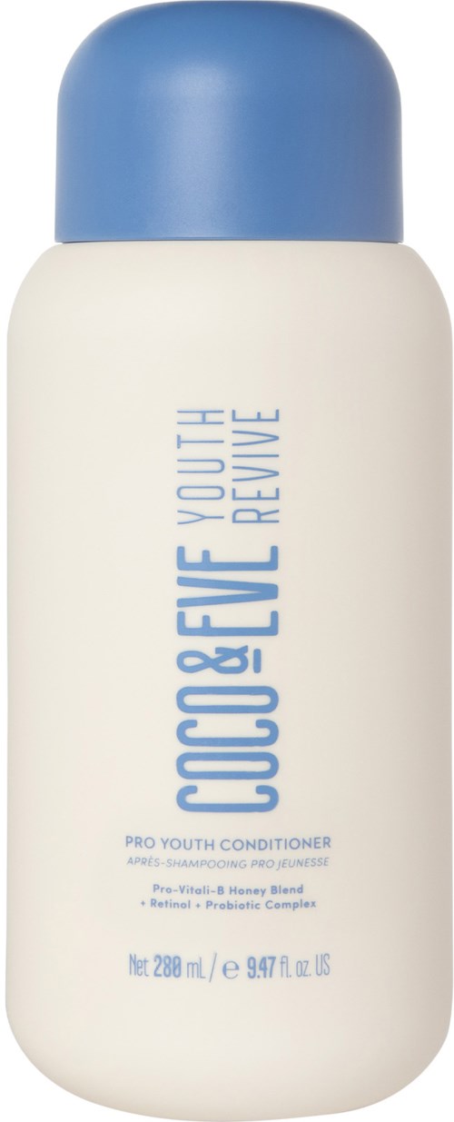 En hvid flaske med blå låg, mærket 'Coco & Eve Youth Revive' og 'Pro Youth Conditioner.'