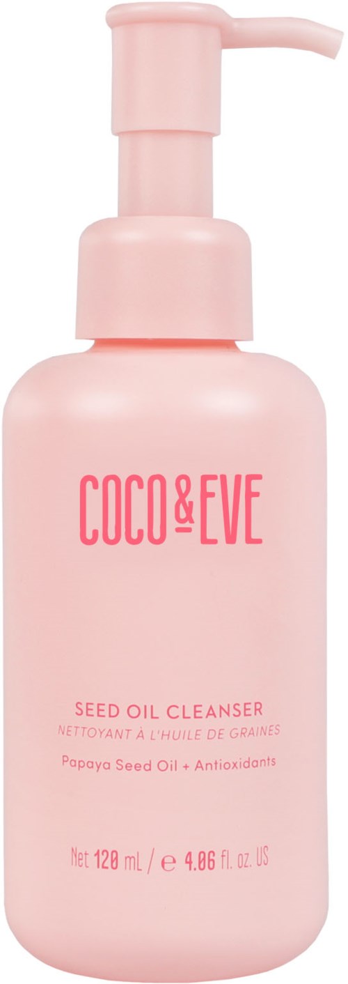 Vaaleanpunainen pumppupullo, merkiltä Coco & Eve Seed Oil Cleanser, sisältää papaijansiemenöljyä ja antioksidantteja.