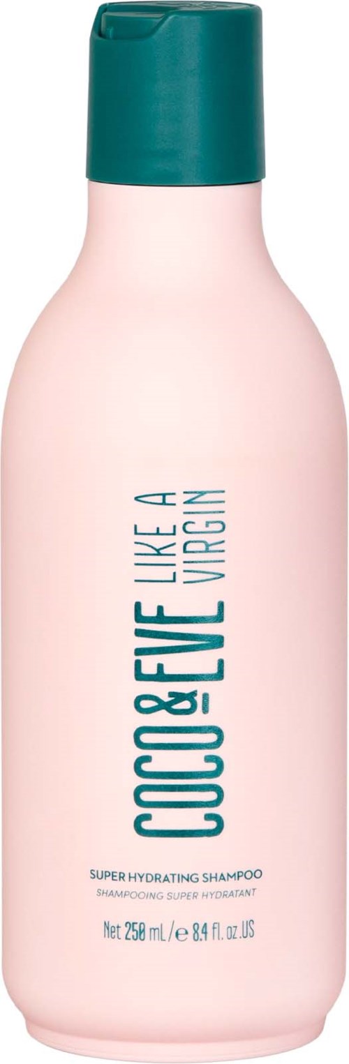 A pink bottle with a teal cap labeled "Coco & Eve Like a Virgin" super hydrating shampoo.