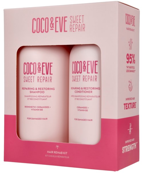 Eine Schachtel mit zwei Flaschen Coco & Eve Sweet Repair Shampoo und Conditioner für geschädigtes Haar.