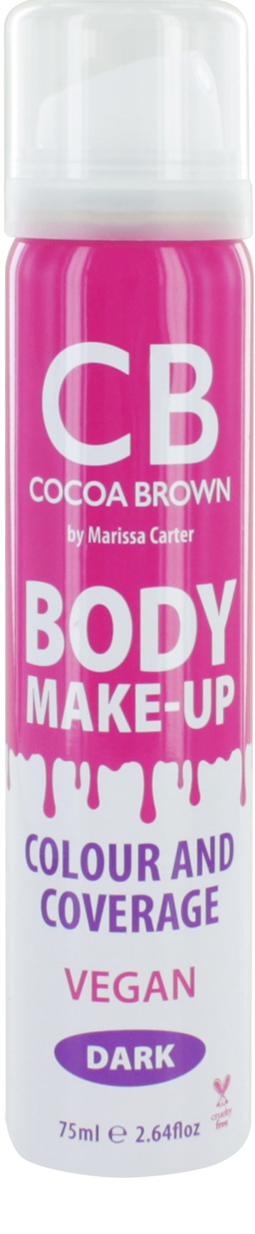 En pink sprayflaske mærket 'Body Make-Up' til vegansk mørk kakaobrun farve og dækkeevne.