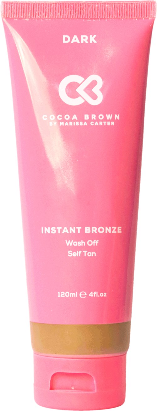 Pink tub med vitt text som heter 'Dark,' innehåller självbrännande gel kallad Instant Bronze av Cocoa Brown.