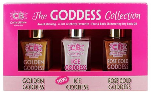 Set med tre kroppsoljor med titlarna Golden Goddess, Ice Goddess och Rose Gold Goddess i rosa förpackning.