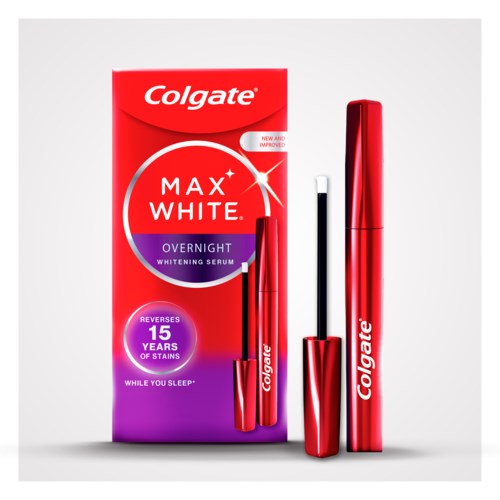 A box and two red story tubes of Colgate Max White Overnight Whitening Serum, one with a wand.