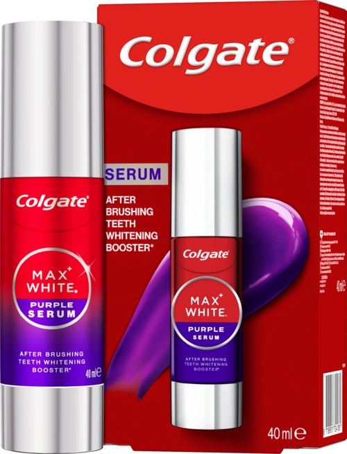 Ett kosmetiskt tandblekningsprodukter i röd och lila förpackning, med två flaskor märkta Max White Purple Serum.