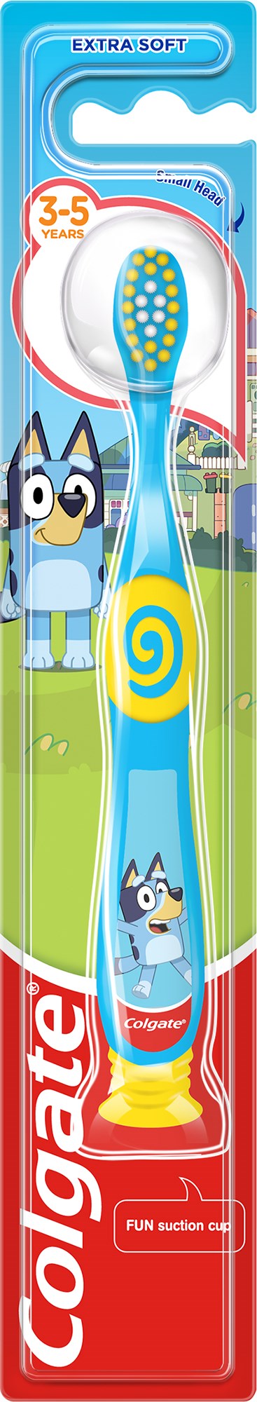 A children's toothbrush with a blue handle, cartoon dogs, and colorful design for ages 3-5.