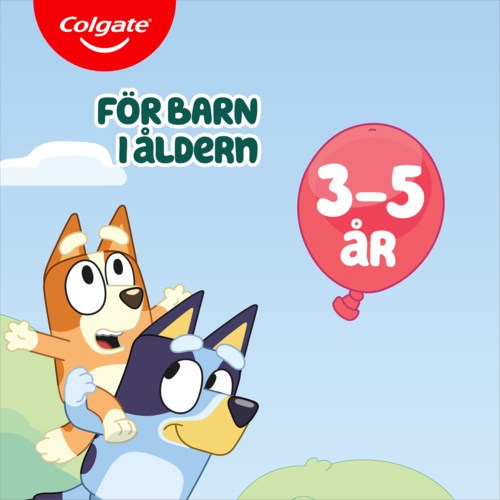 A cartoon of a dog and a cat with a balloon, age 3-5, and Swedish text promoting toothpaste for children.
