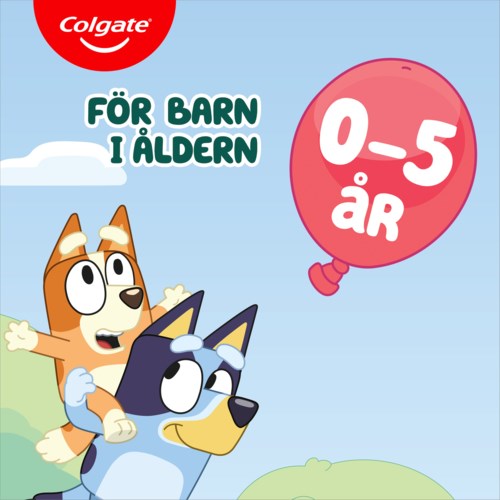 Colgate-logo, barnevennlig illustrasjon med en hund, en katt og en ballong for 0-5 år gamle barn.