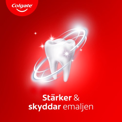En vit tand med glittrar och virvlande linjer på en röd bakgrund, med Colgate-loggan högst upp.