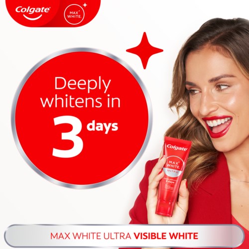 En kvinna ler och håller Colgate Max White tandkräm med texten säger att den bleker på tre dagar.