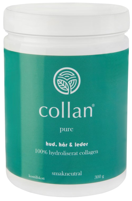 En turkos behållare av Collan Pure kollagen med vitt lock, etiketttext på svenska, vikt 300 gram.