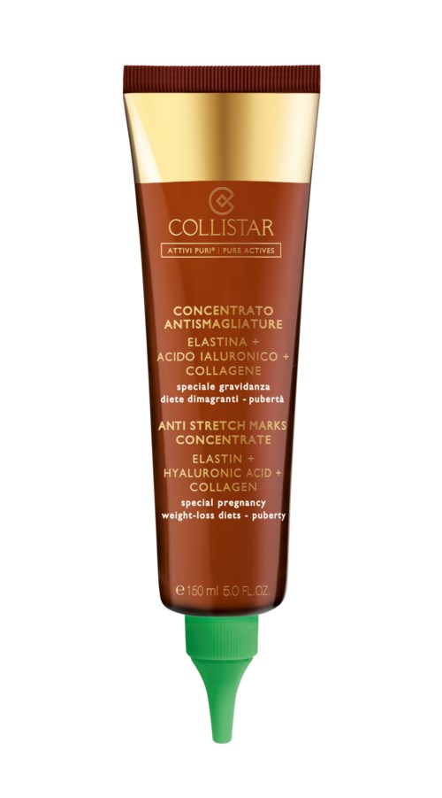 A brown and gold tube with a green nozzle, labeled Collistar collagen and hyaluronic acid cream.