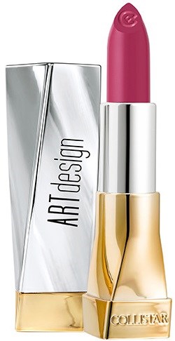Een roze lipstick in een glanzende zilveren en gouden huls, met een zilveren doos opzij. Het is van Collistar.