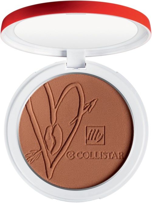 En rund makeuppalett med röd och vit lock, innehållande brunt pressat puder med ett hjärta och pil logo.