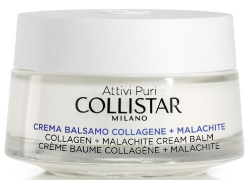 En liten burk med Collistar kollagen och malakitbalm, märkt på flera språk med ett vitt lock.