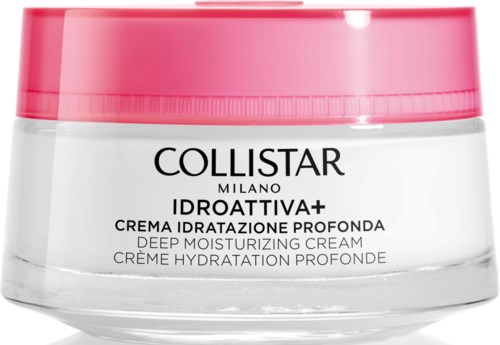 En krukke med dyp fuktighetsgivende krem med rosa lokk, merket 'Collistar Milano Idratativa+,' for hudens fuktighet.