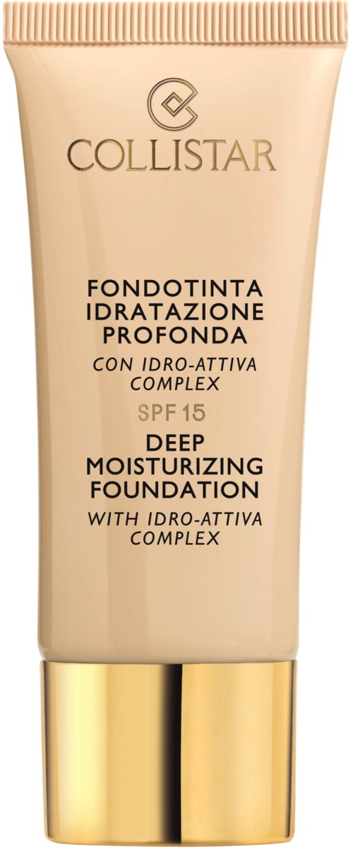 En beige tub med djup återfuktande foundation med guldlock, märkt Collistar, SPF 15, innehåller information på italienska och engelska.