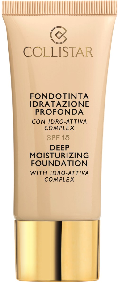 En beige tub med Collistar djupt återfuktande foundation, guldkapsel och SPF 15-märke.