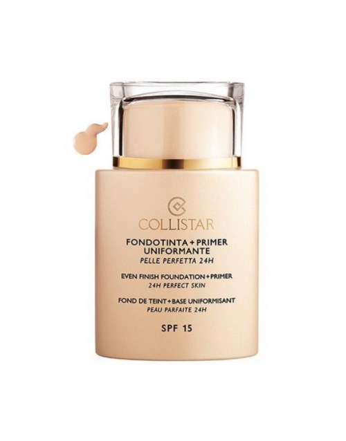 En flaske foundation og primer med SPF 15, merket Collistar, for en perfekt og jevn hud.