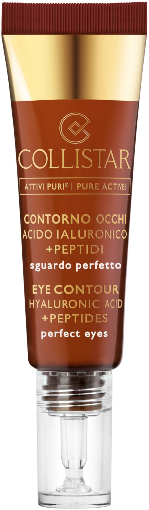 A brown and gold eye cream tube with text about hyaluronic acid and peptides for perfect eyes.
