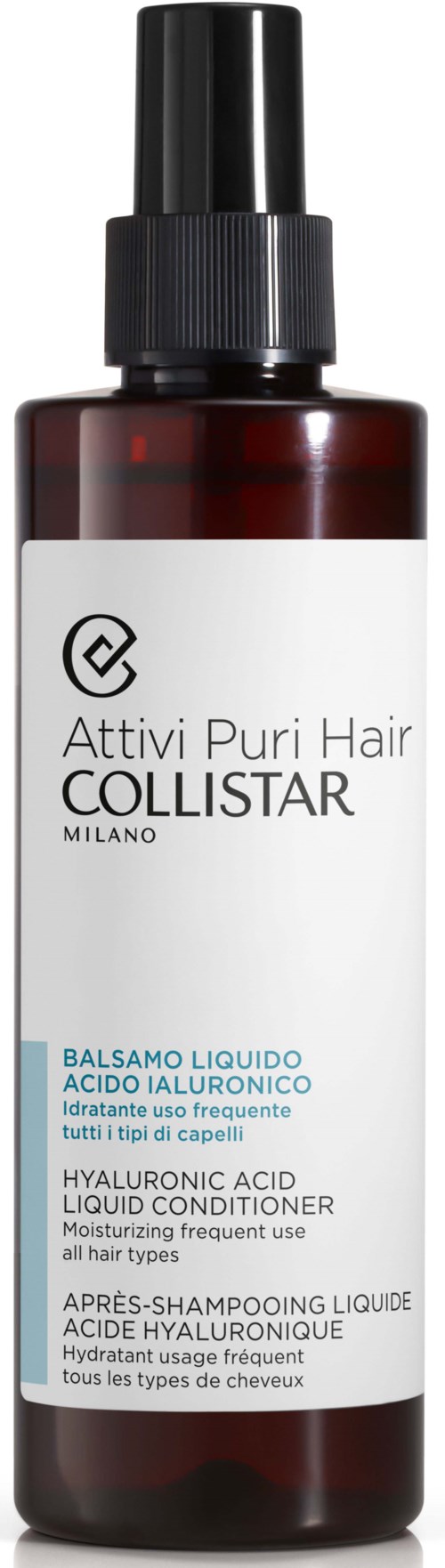 Een bruine sprayfles met zwarte dop met hyaluronzuur haarconditioner.