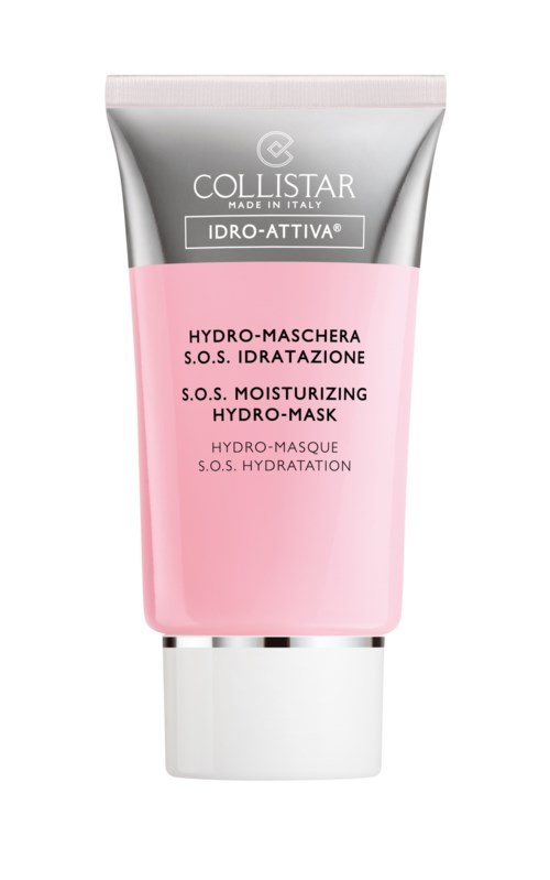Rosa rør med fuktighetsgivende hydro-maske, sølvhette og Collistar-logo øverst.