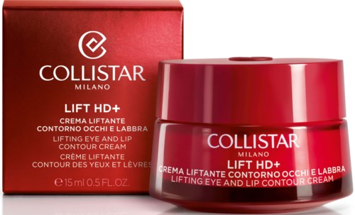 Punainen rasia ja purkki Collistar Lift HD+ -silottava silmän- ja huultenympärysvoide, valkoinen teksti.