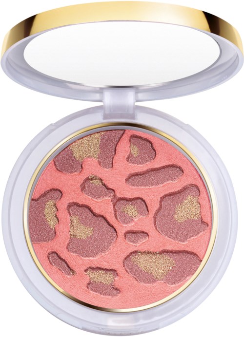 En kompakt rouge med rosa och guld animal print-mönster och vit och guld kåpa.
