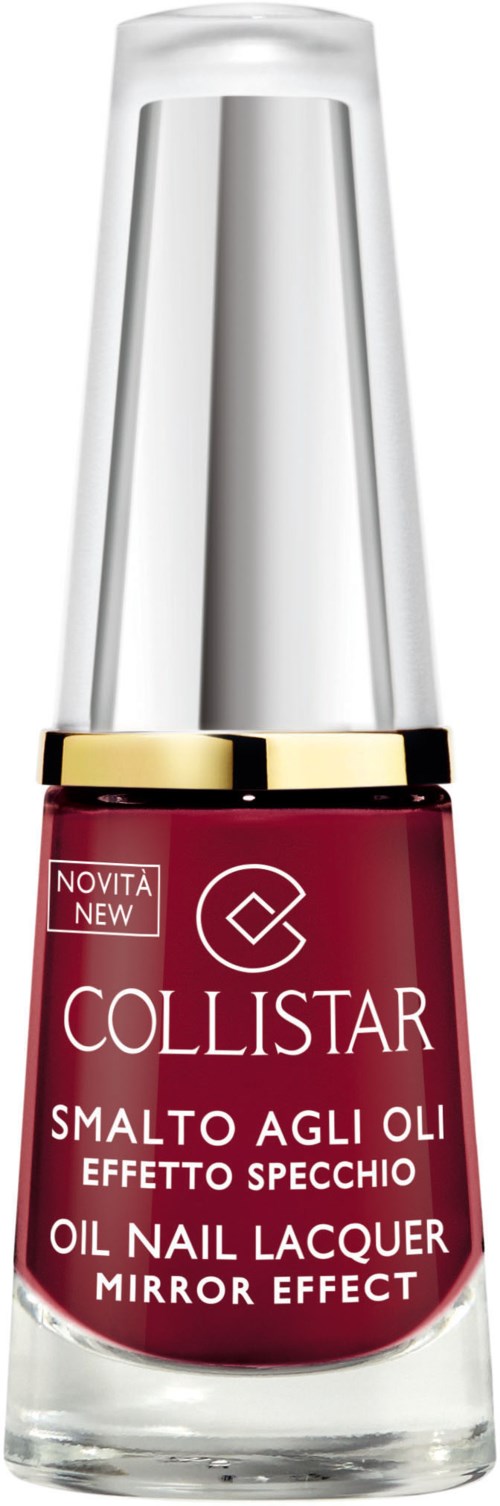 Röd nagellackflaska med silverkapsyl och guldband. Varumärket heter Collistar med italiensk beskrivning för nagellack med olja.