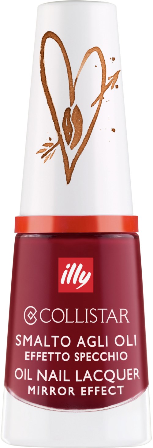 En liten flaska nagellack i rött med vit kork och hjärtformad design på toppen.