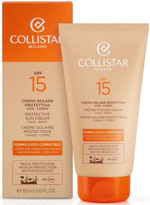 En tub och förpackning av Collistar Milano SPF 15 solskyddscream för ansikte och kropp.