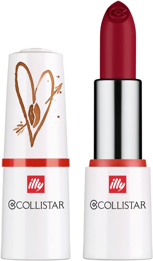 Leppestift med rød farge og hvit hette dekorert med hjerte og pil design.