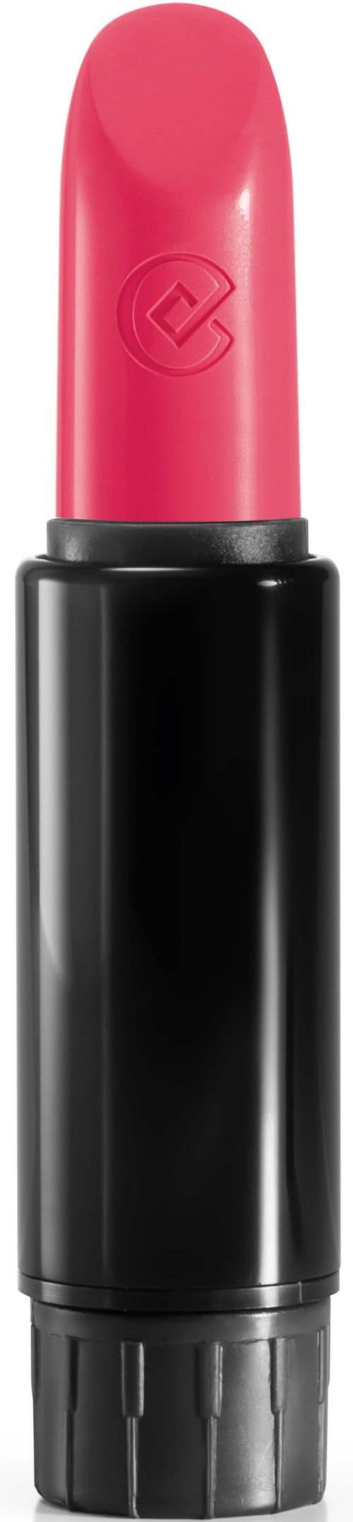 En rosa leppestift med svart casing og et logo på toppen.