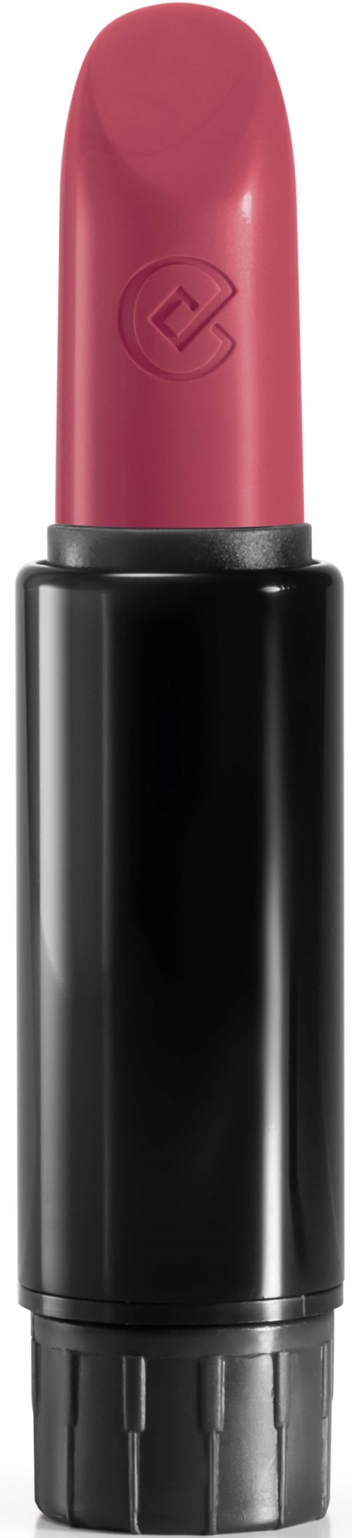En rosa leppestift med svart tube står opprejst, med enkel design og lokk nederst.