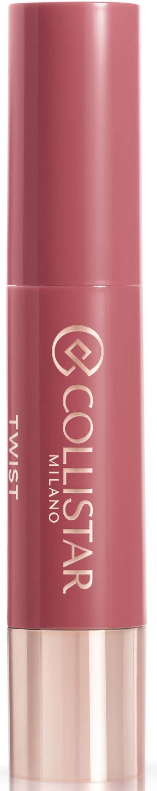 En rosa leppebalsamtube med sølvbunn og hvit tekst som sier 'Collistar Milano' og 'T'.