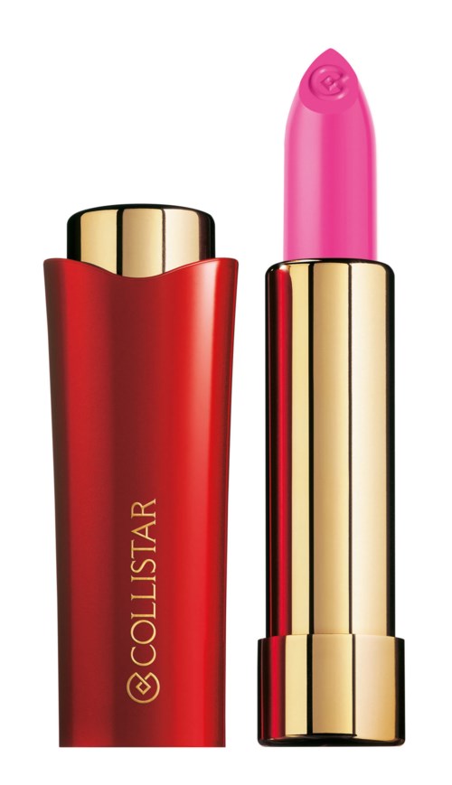 Röd och guld läpstiftbehållare med rosa läppstift inuti, märkt 'Collistar' på sidan.
