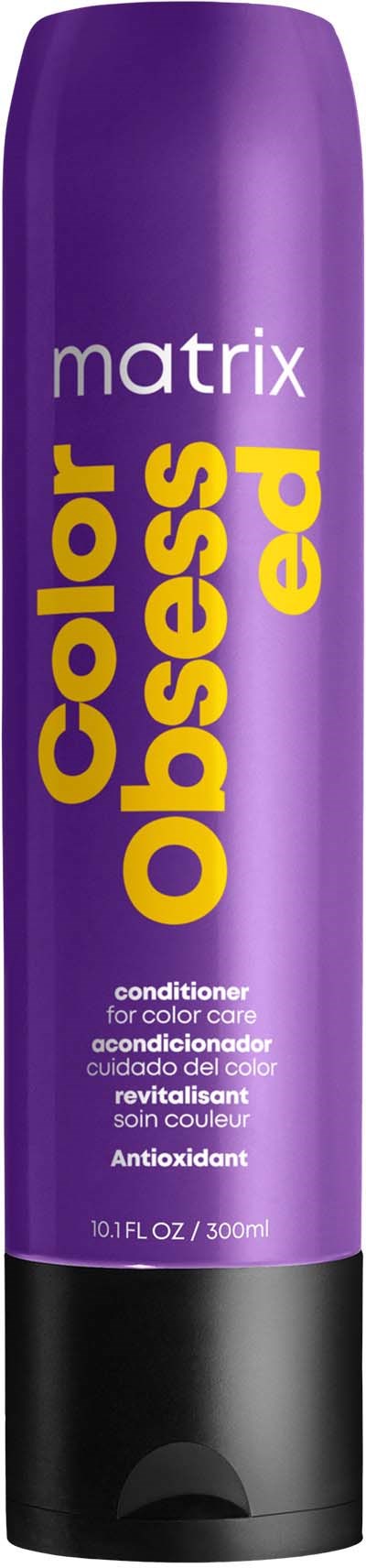 A tall purple bottle of hair conditioner named 'Color Obsess' by Matrix, meant for color care and repair.