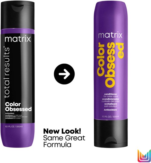 Two hair products: one black and purple bottle labeled 'Color Obsessed', the other purple labeled 'Color Obsess ed.', showing a new look.