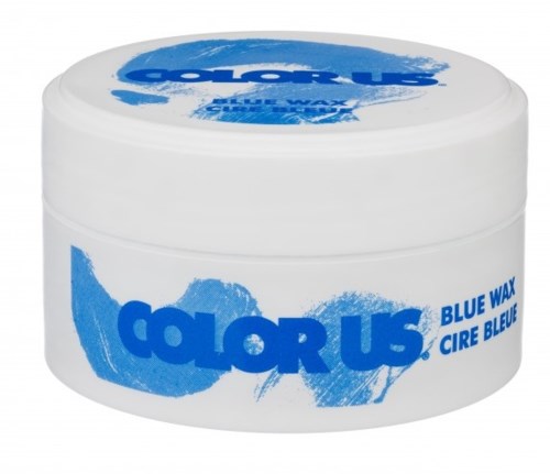 En rund vit behållare med blå text och färgsplashes-design, märkt 'Color Us Blue Wax'.