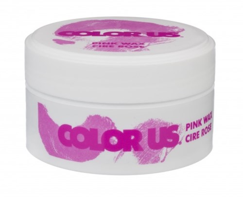 Ett vitt krus med rosa text och design, märkt 'Color Us Pink Wax'.